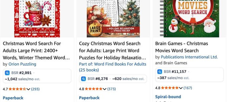 Real NicheSeeker labels under three Amazon.com results for christmas word search for adults: BSR and estimated monthly sales under each book.