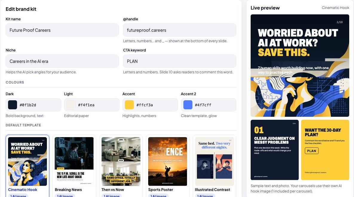 The Brand Kit editor: kit name, @handle, niche, CTA keyword, four colours, default template and a live preview.