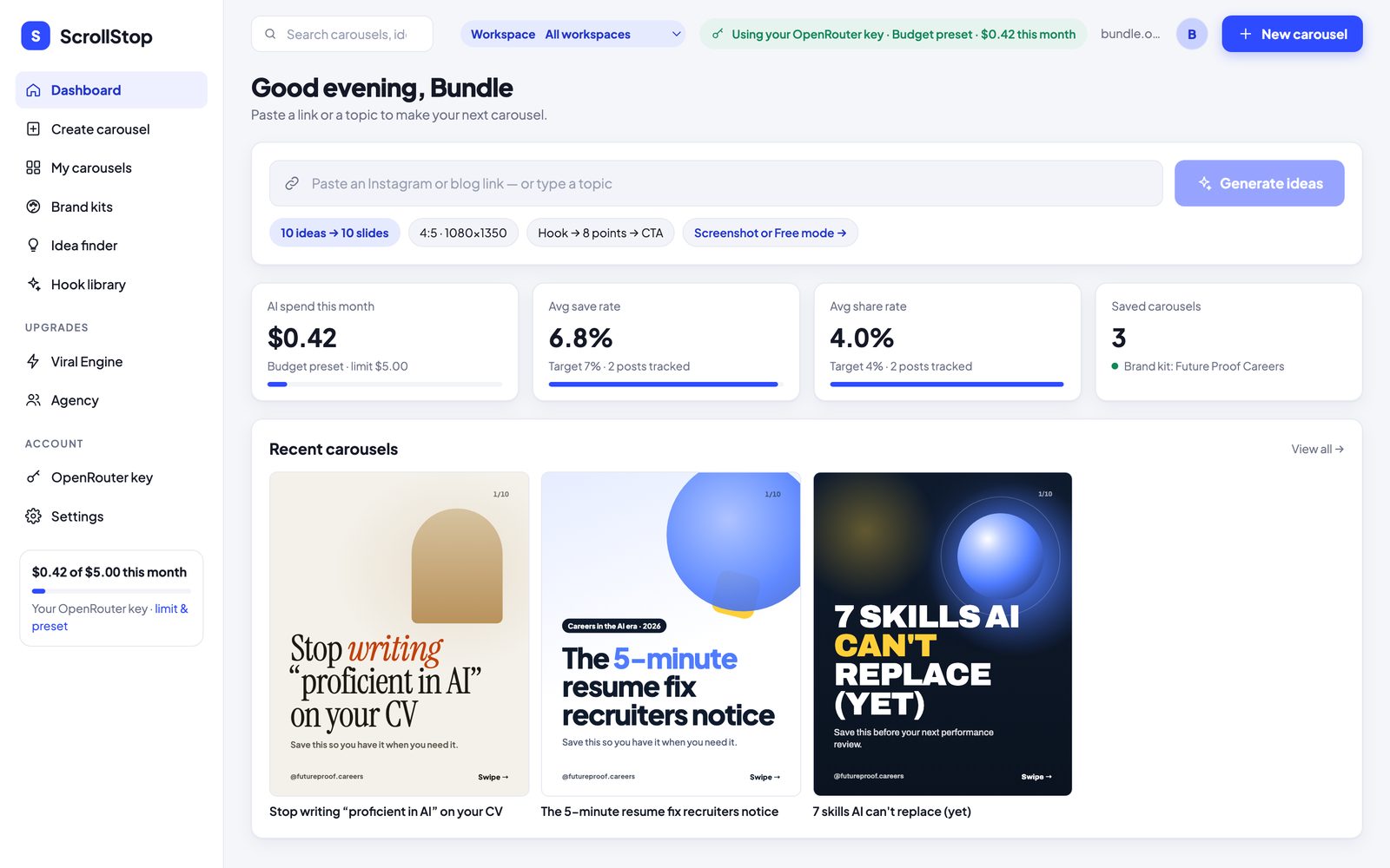 The ScrollStop dashboard with a box to paste a link or topic.