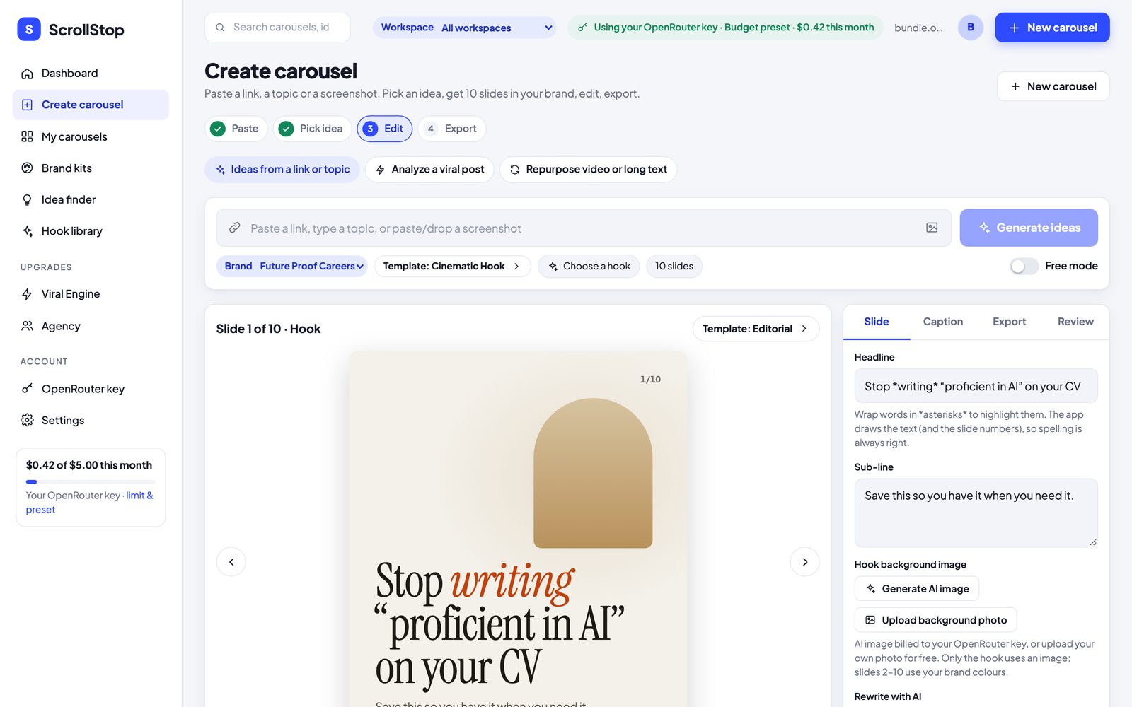 The ScrollStop editor with the hook slide and editable fields.