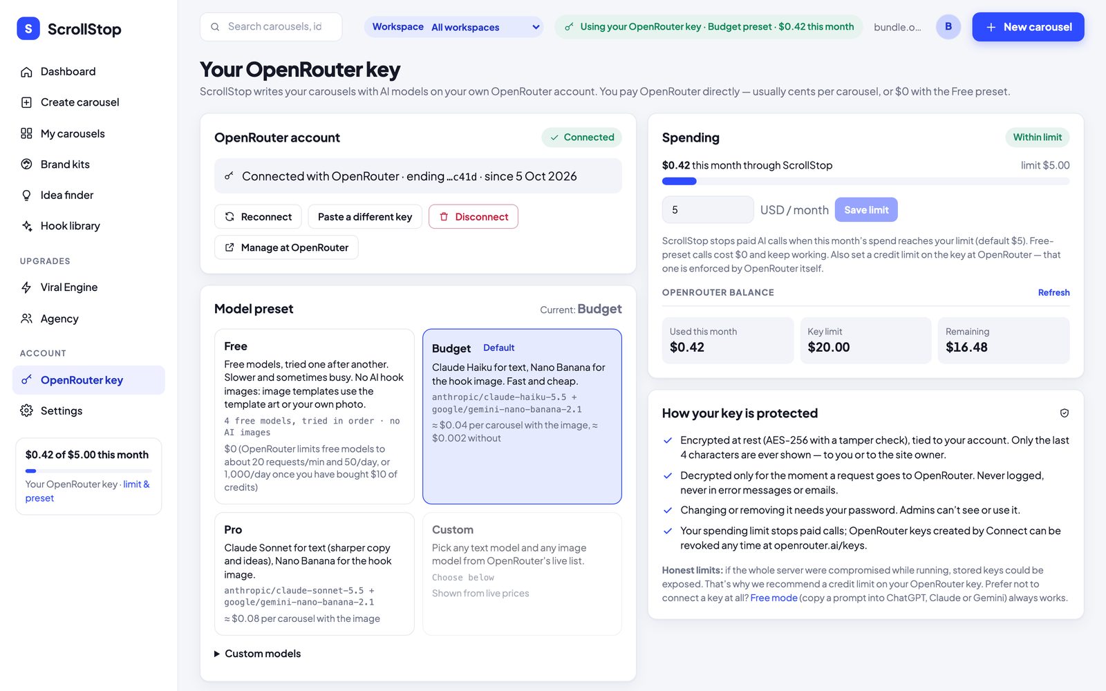 The OpenRouter key page: a connected account, four model presets with typical costs and the monthly spending limit — example content.