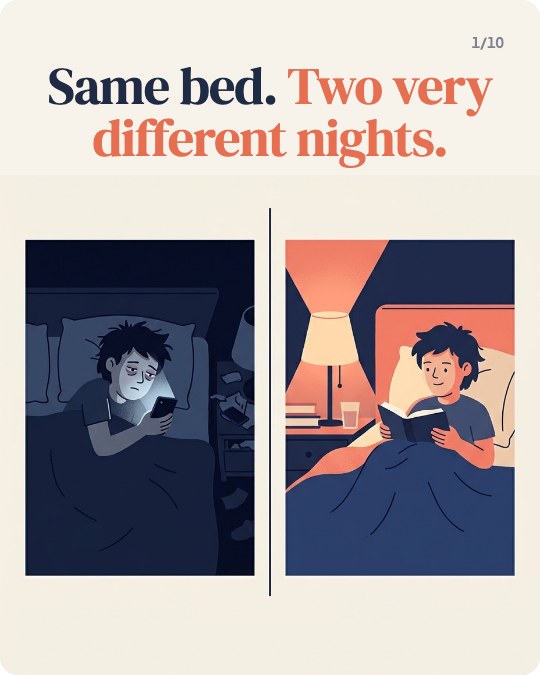 Slide 1 of a carousel made with ScrollStop: Same bed. Two very different nights.